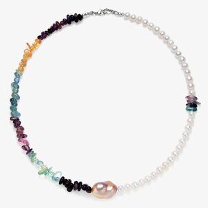 Half Natural Fluorite & Half Fresh Water Pearl Necklace
